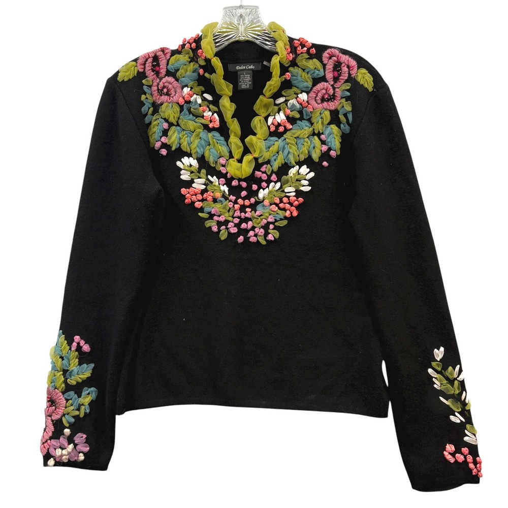 Dolce Cabo Women's Black Floral Embroidered Knit Top Boho‎ Heavy Folk Large